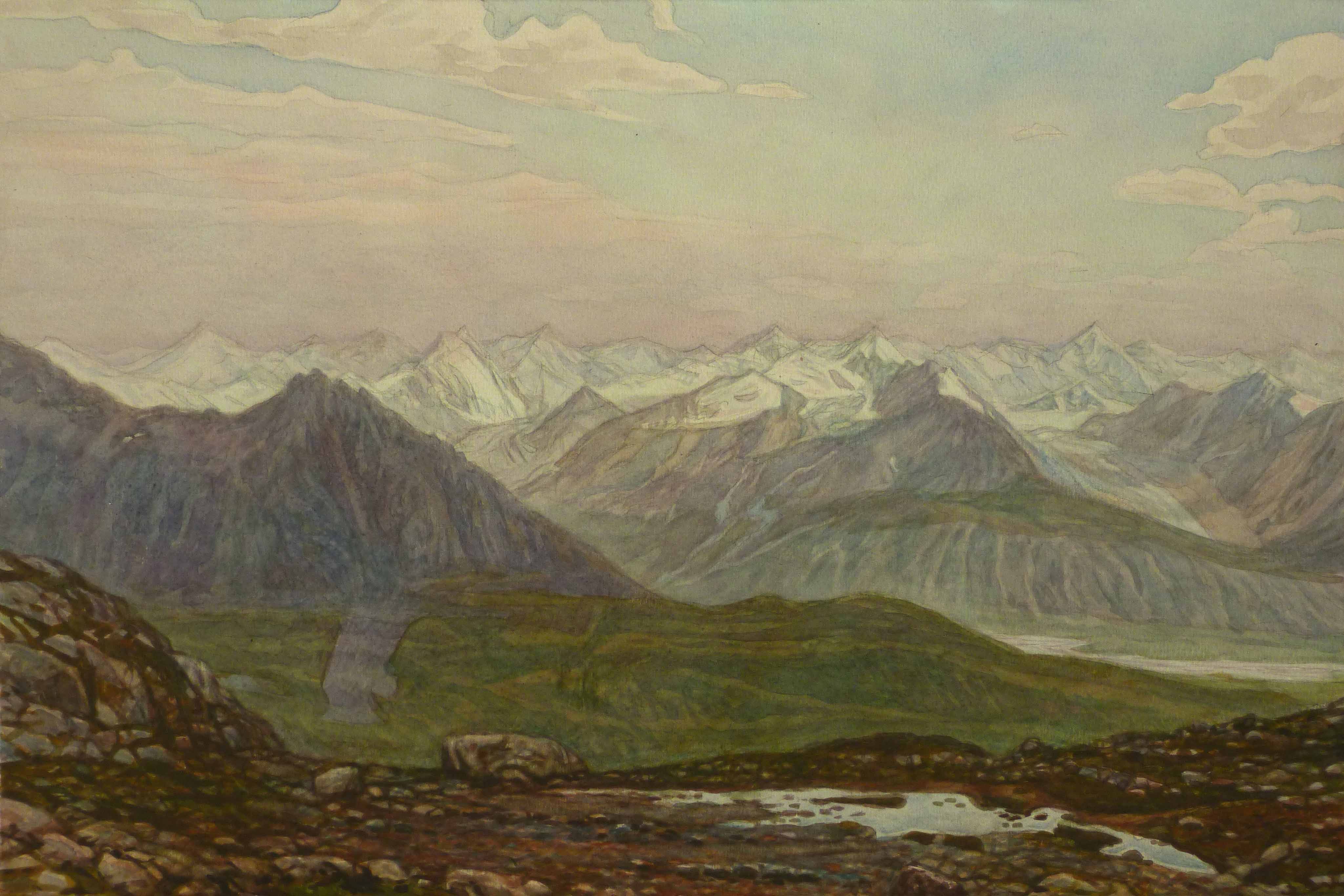 Вид на горы Адыртор,хр. Сары-Джас и Тянь-Шань с высоты 3800м. 2015г. бум.,акв.40х60