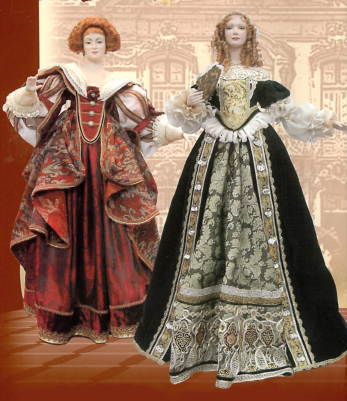 "Знатная дама двора Людовика XIII" 77,8 см. "Дама галантного кавалера" 75,5 см. Керамика, фарфор, текстиль.