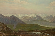 Вид на горы Адыртор,хр. Сары-Джас и Тянь-Шань с высоты 3800м. 2015г. бум.,акв.40х60