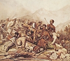 Зпизод сражения при Валерике 23 июля 1840 года. Рисунок М.Ю. Лермонтова, раскрашенный акварелью князем Григорием Гагариным